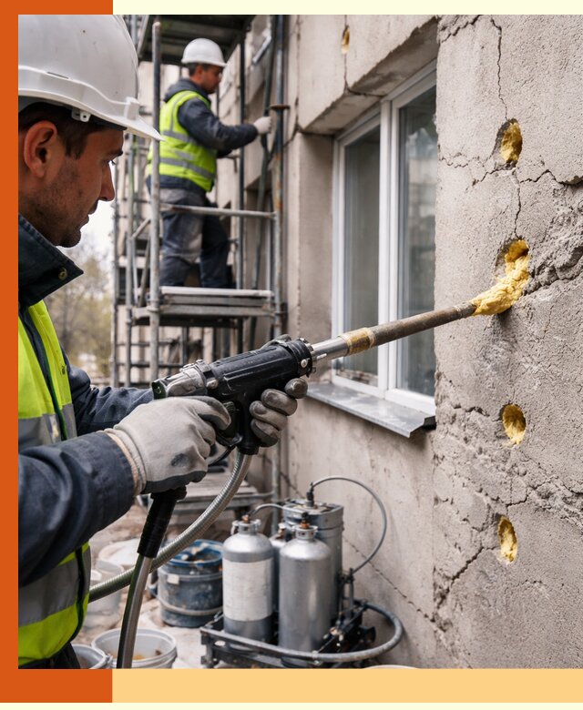 Заполнение пустот в фасаде и утепление стен в Магадане