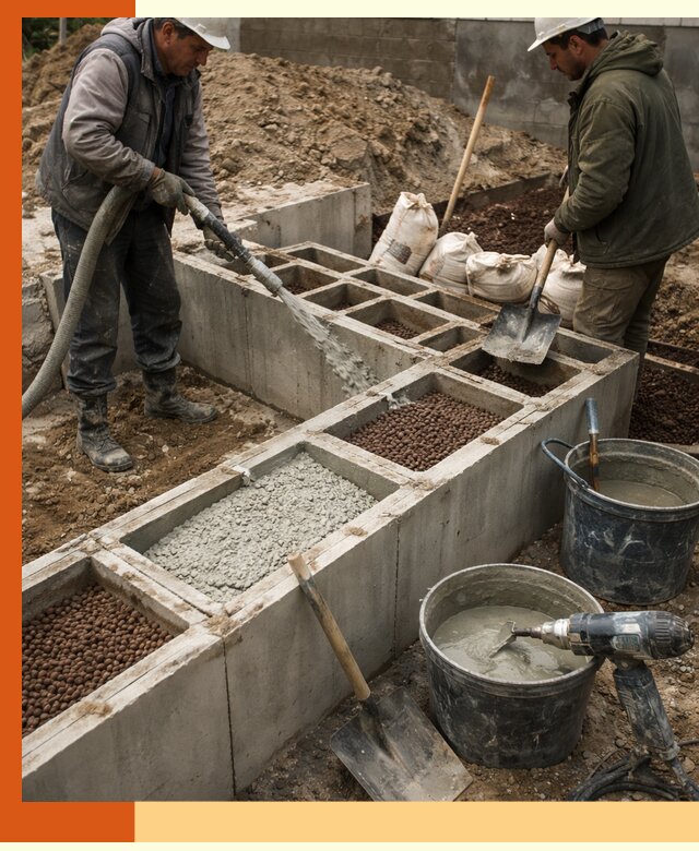 Заполнение полостей фундамента в Магадане герметичным утеплением и повышением прочности